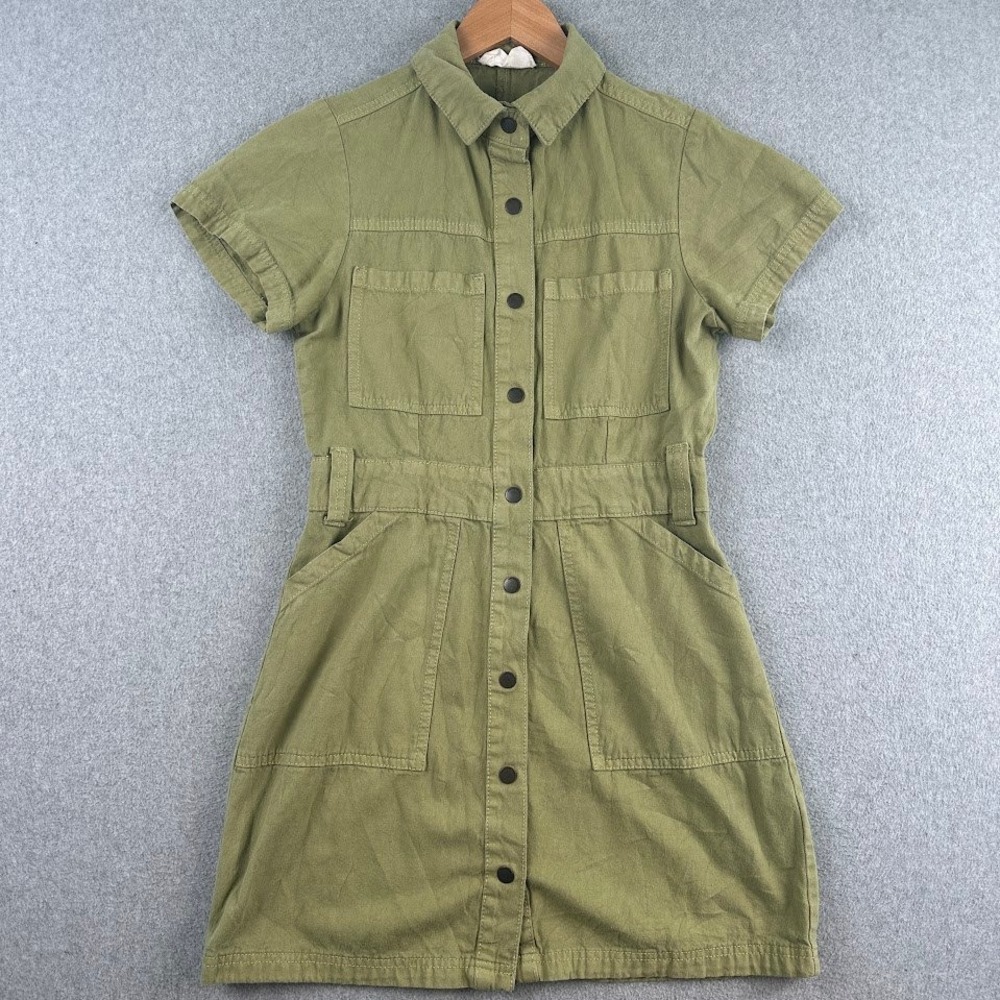 Cotton On Dress Womens Small Green Utility Mini Button Front Short Sleeve Cargo‎